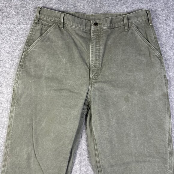 Carhartt Pants Mens 38x36 Green Flannel Lined Workwear B111 MOS Olive - Picture 2 of 13